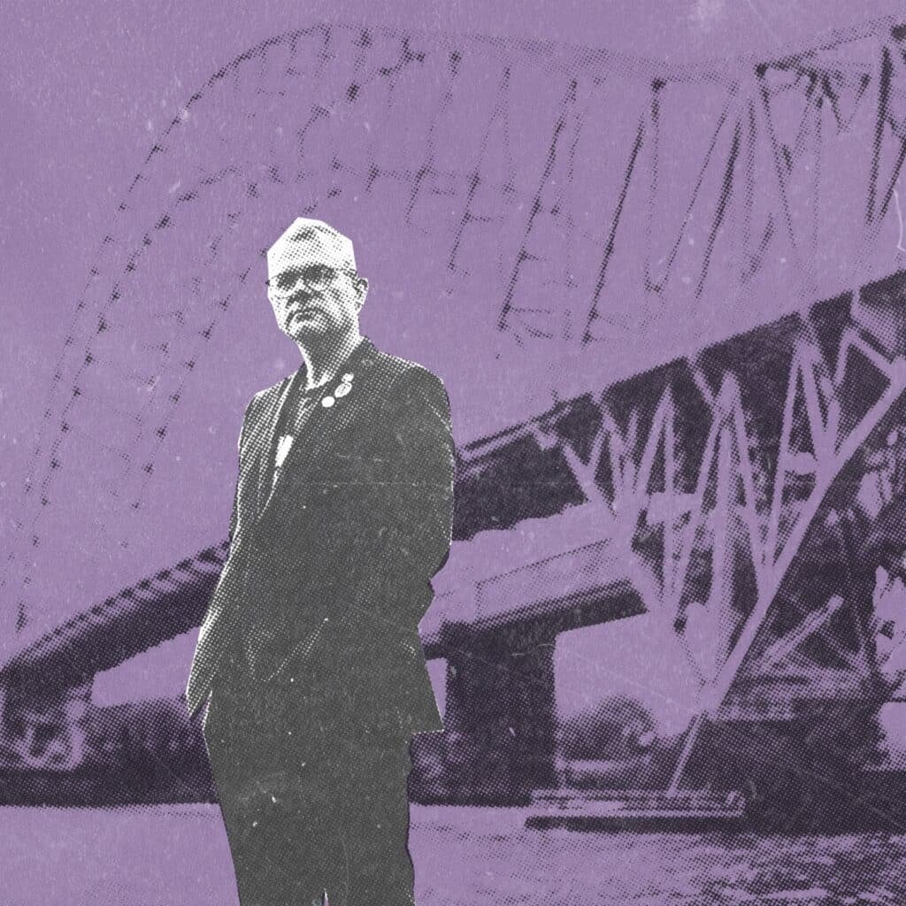A modified photo of me stood by Runcorn Bridge
